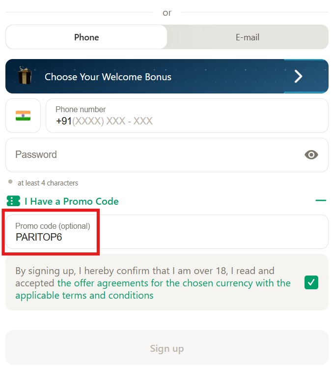 Parimatch promo code in India