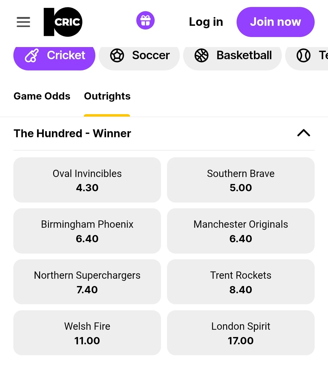 The Hundred betting on 10CRIC